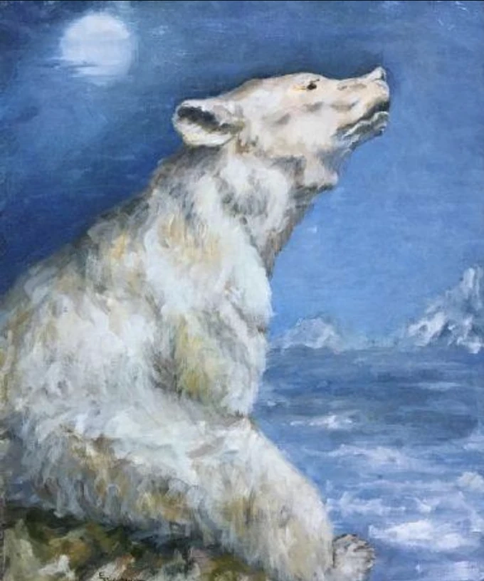 Painting of a polar bear in moonlight by Elizabeth Dinowitz